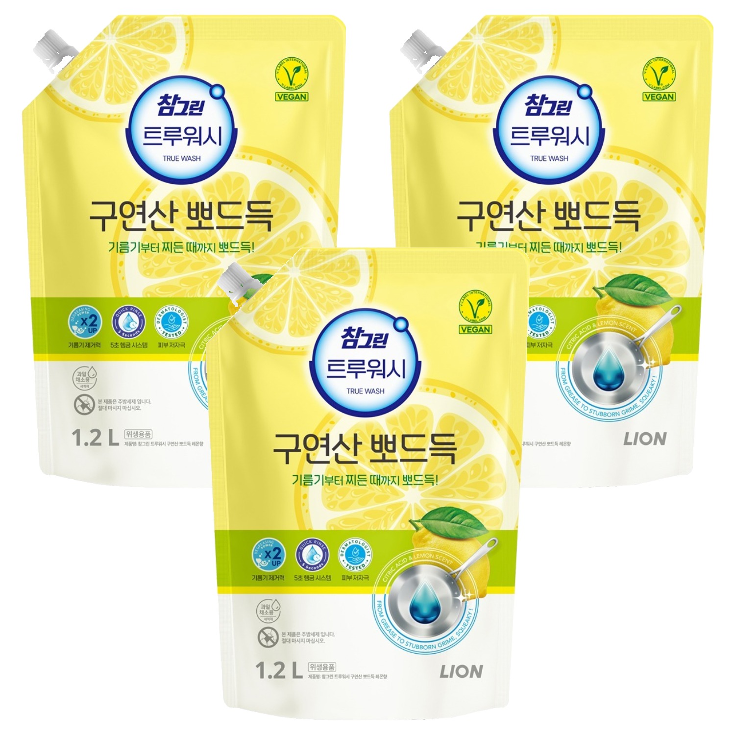 [비건라이프] 참그린 트루워시 구연산 뽀드득 주방세제 레몬향 리필, 1.2L, 3개 9,540원