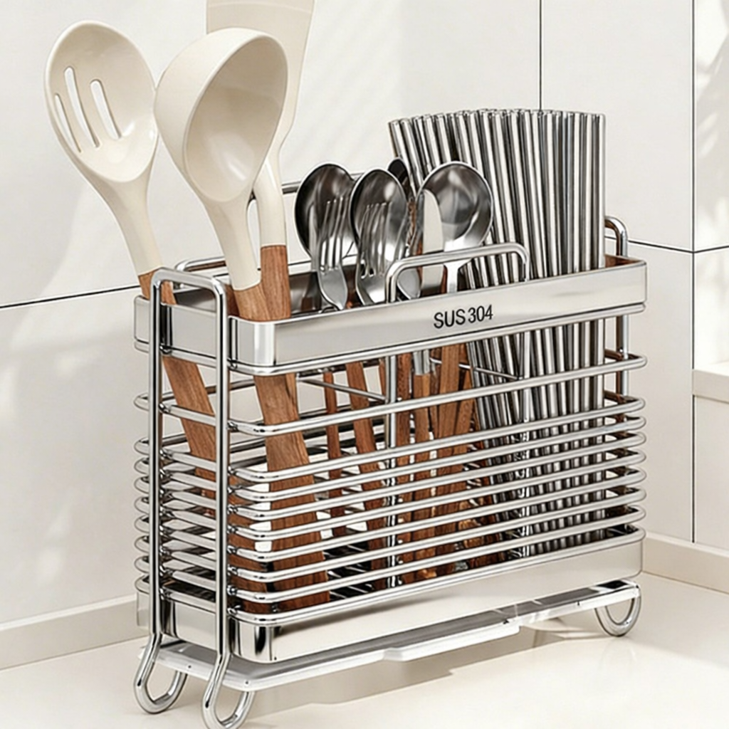 코미라 주방 SUS304스텐 3구 물빠짐 수저통, 1개, 은색, 현재가 16,500원