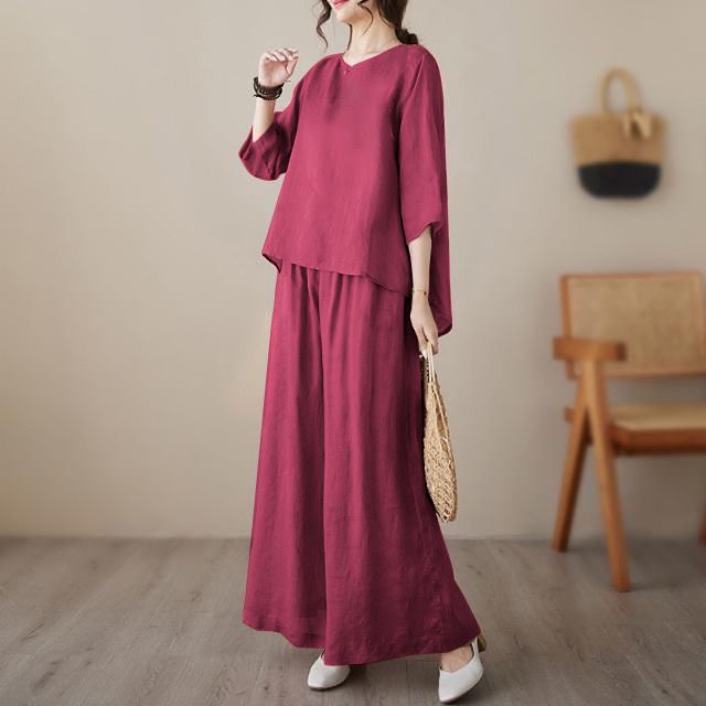 여름 중년 여성 캐주얼 솔리드 라운드넥 7부소매 블라우스 와이드  긴바지 투피스 30,600원