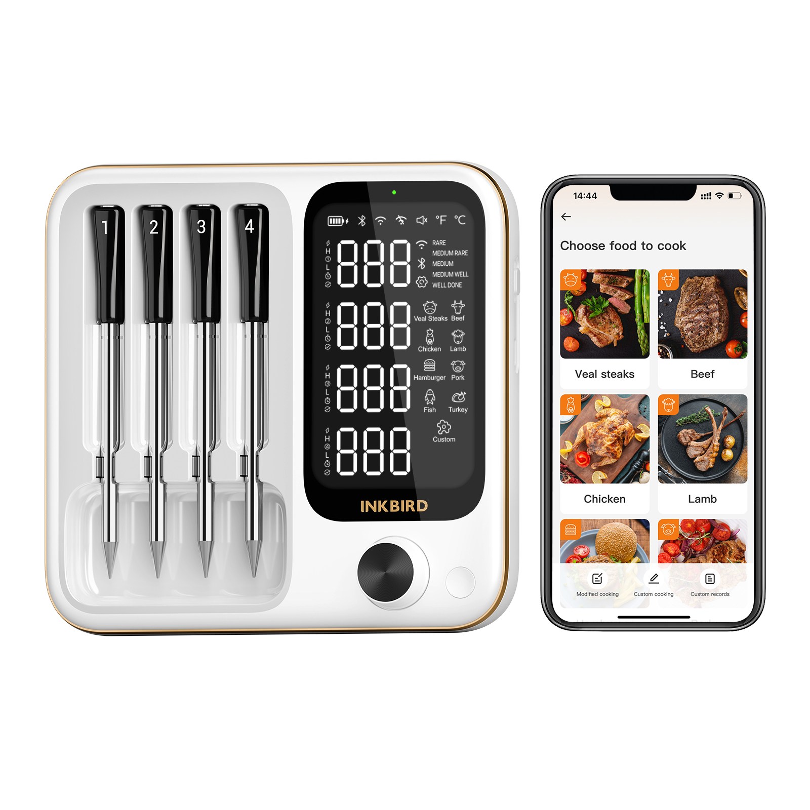INKBIRD INT-14-BW WiFi 블루투스 로컬 3 모드 4 프로브 무선 BBQ 온도계, 풀 뷰 LCD, 30분 오프라인 데이터 저장, IP67 방수, 바비큐, 그릴, 오븐, 1개 243,800원