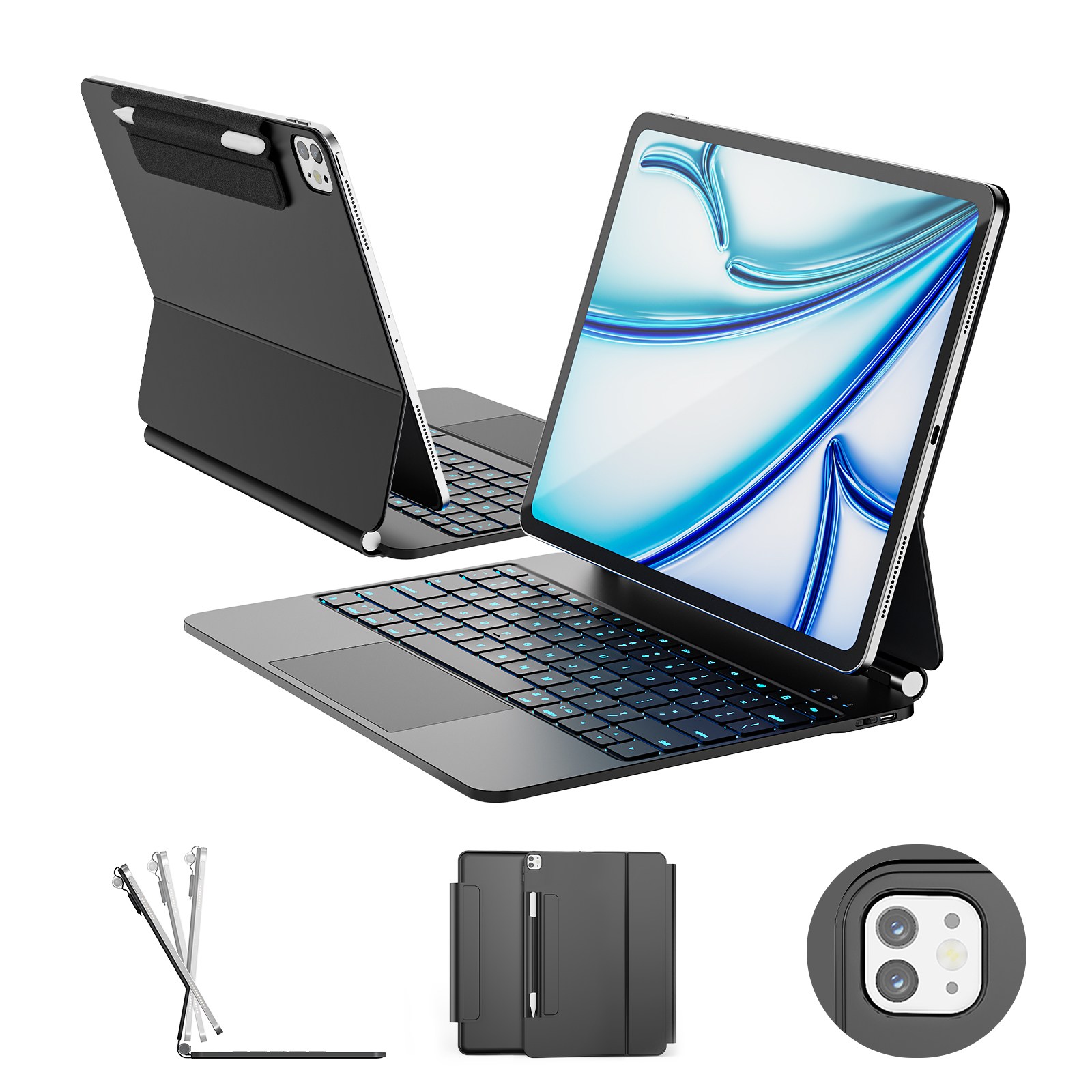 한국형 매직 키보드, 아이패드 에어 13 (M3/M2), 아이패드 프로 12.9 (6/5/4/3세대), 11색 백라이트 키+트랙패드, 방오염 가죽, 블랙, 1개 139,900원