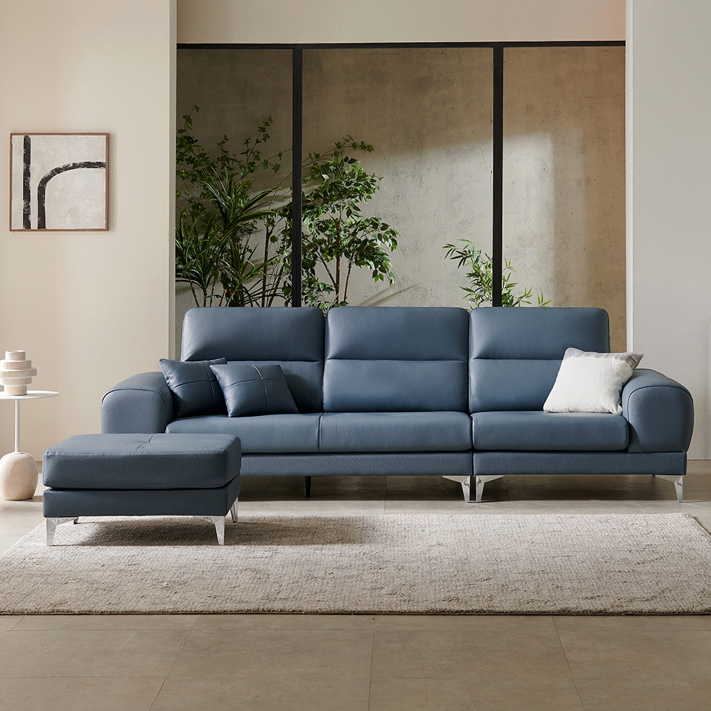 클레이 천연통가죽 4인용 소파 + 스툴 세트 방문설치, 로우블루 1,899,000원