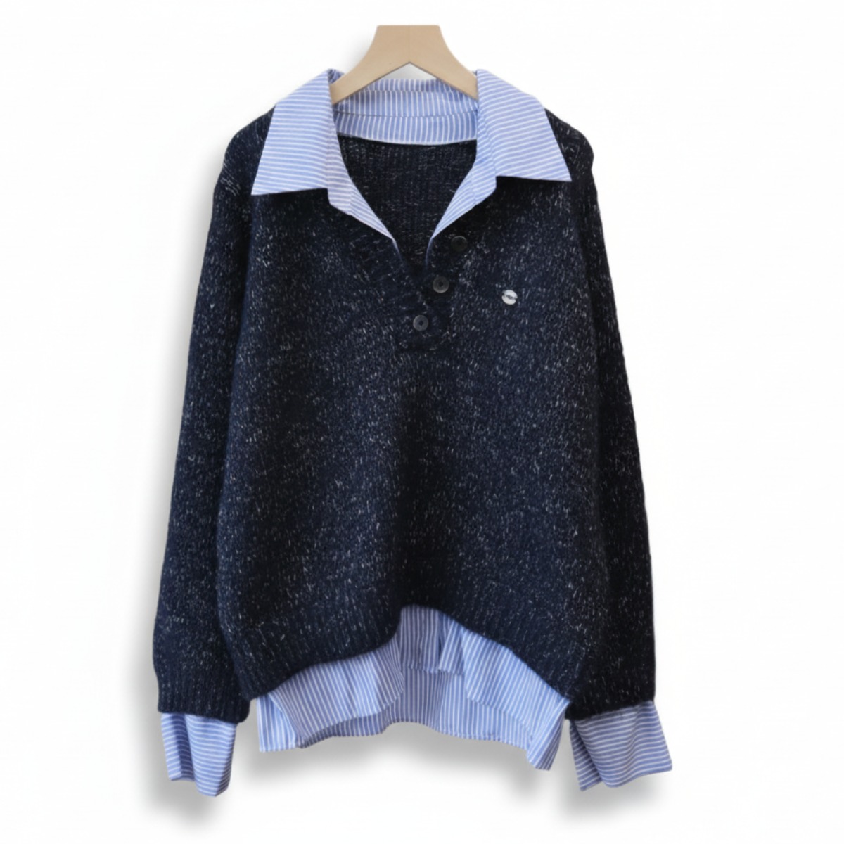 POMTOR 여성 가을 겨울 페이크 레이어드 니트 셔츠 카라 넥 루즈핏 스웨터 43,520원