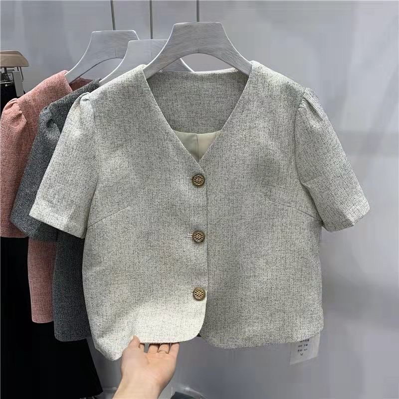 베라블랑 여성 트위드 반팔 자켓 크롭 버튼 반소매 하객룩 오피스룩 겸용 JK1143BP 24,000원