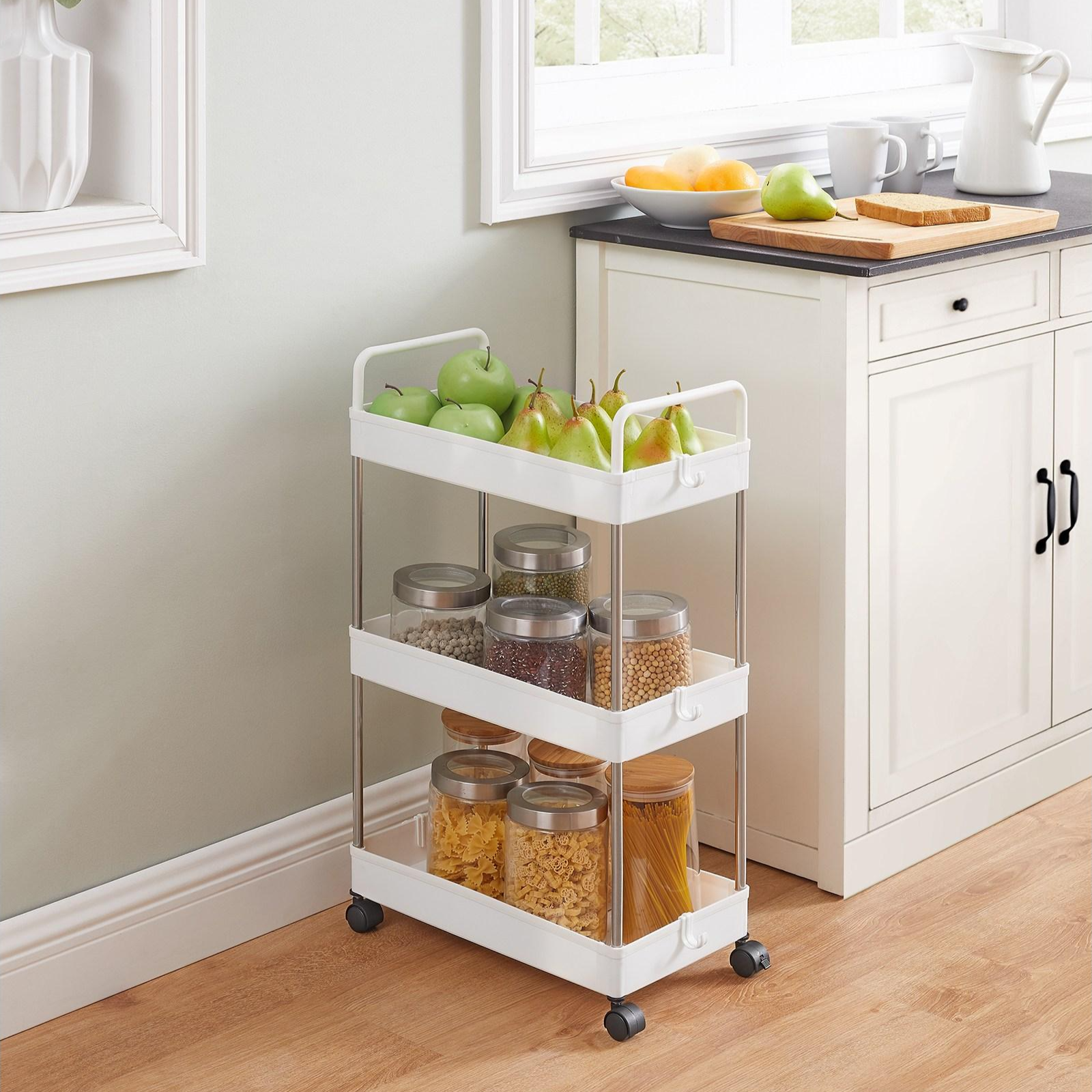 SONGMICS 다용도 이동식 360도 회전 바퀴 플라스틱 트롤리 욕실 주방 사무실 세탁실용, 화이트, 3단 13,970원