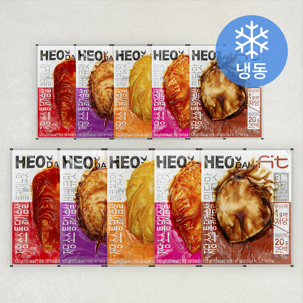 [로켓프레시] 허닭 FIT 저당 소스 통 닭가슴살 바베큐맛 100g x 2개입 + 찜닭맛 100g x 2개입 + 매콤커리맛 100g x 2개입 + 볼케이노맛 100g x 2개입 + 양념치킨맛 100g x 2개입 세트 (냉동) 25,410원