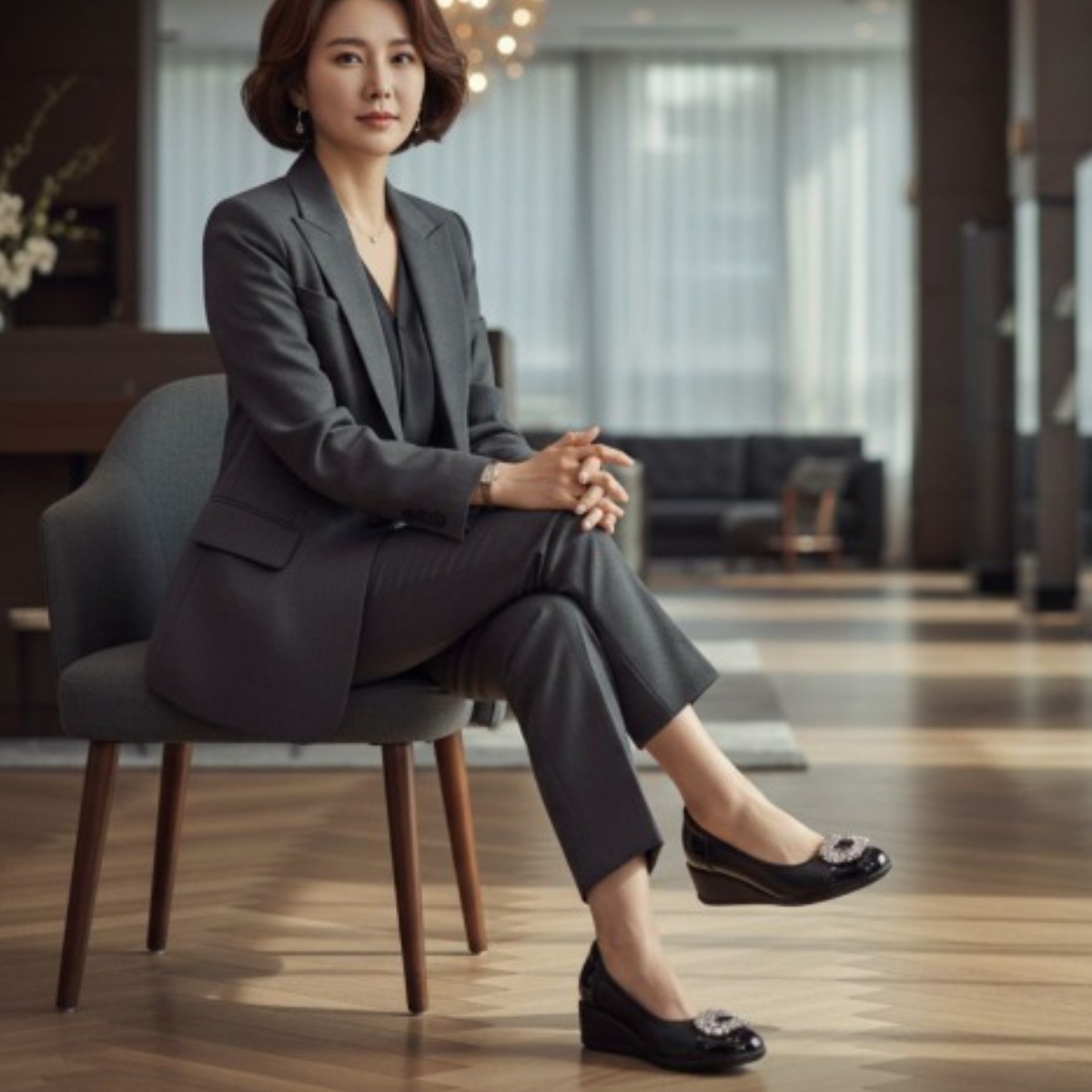 슈굿 성수동 수제화 무지외반 발편한 발볼넓은 큐빅 웨지힐 펌프스 정장 구두 5cm 87,000원