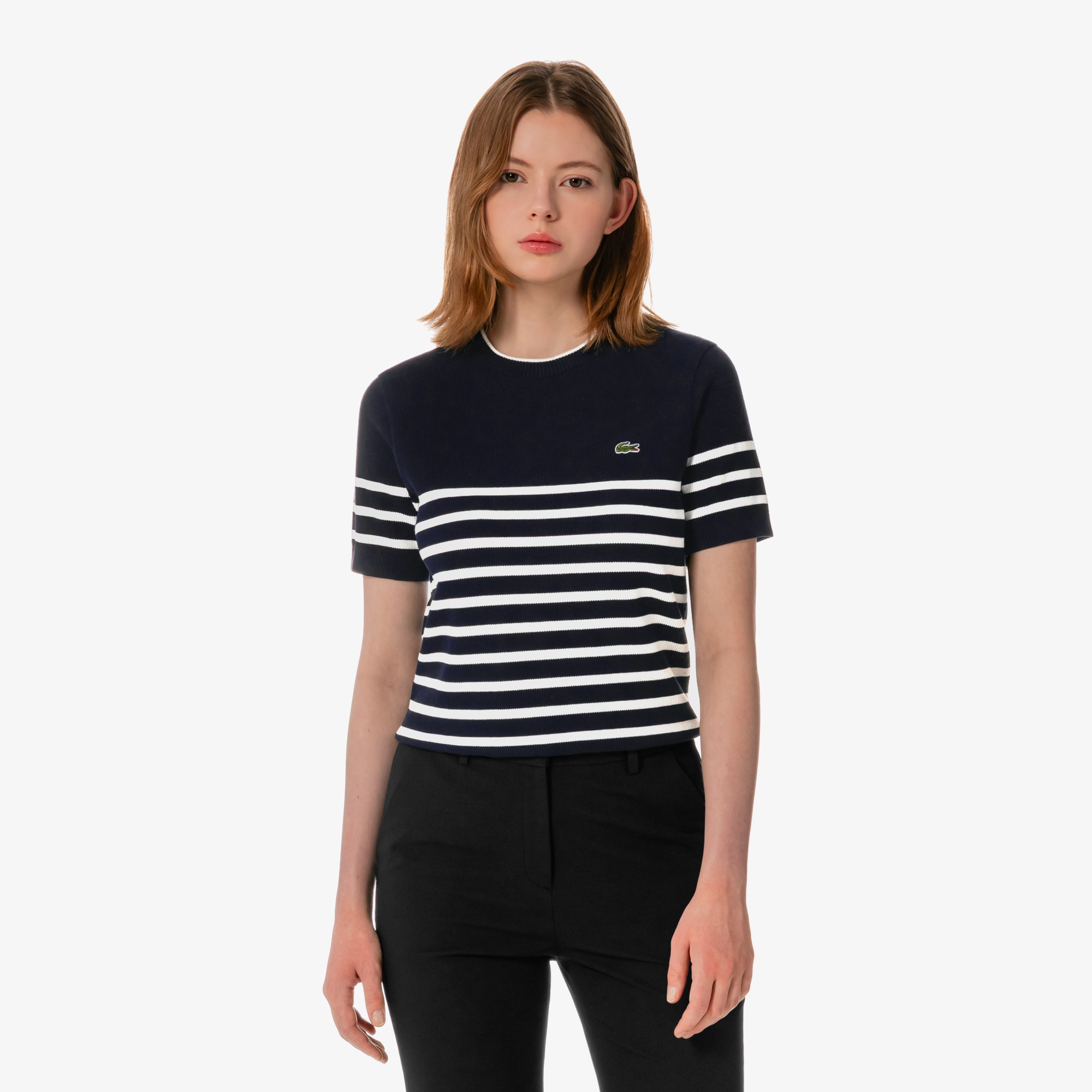 [라코스테 공식] 여성 스트라이프 반팔 스웨터 AF415E-56G 166 209,000원
