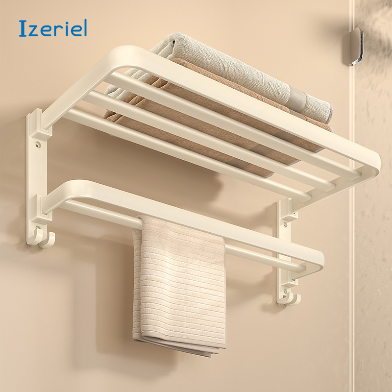 Izeriel 욕실 수건걸이 선반 화자실 샤워타올 수건걸이 무타공 수건건조대 초강력 접착식 수건걸이 선반 호텔식 2단 수건걸이, 크림화이트 31,800원