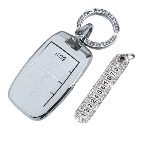 키에티 기아 K3 K5 쏘렌토 4버튼 차 키케이스 키홀더 + 분실방지 큐빅 전화번호판, 화이트실버라인, 단일상품 13,900원