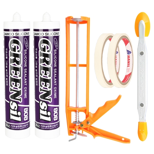 한신케미칼 다우 무초산 그린실808 백색 실리콘+플라스틱건+헤라+마스킹테이프, 1세트 15,900원