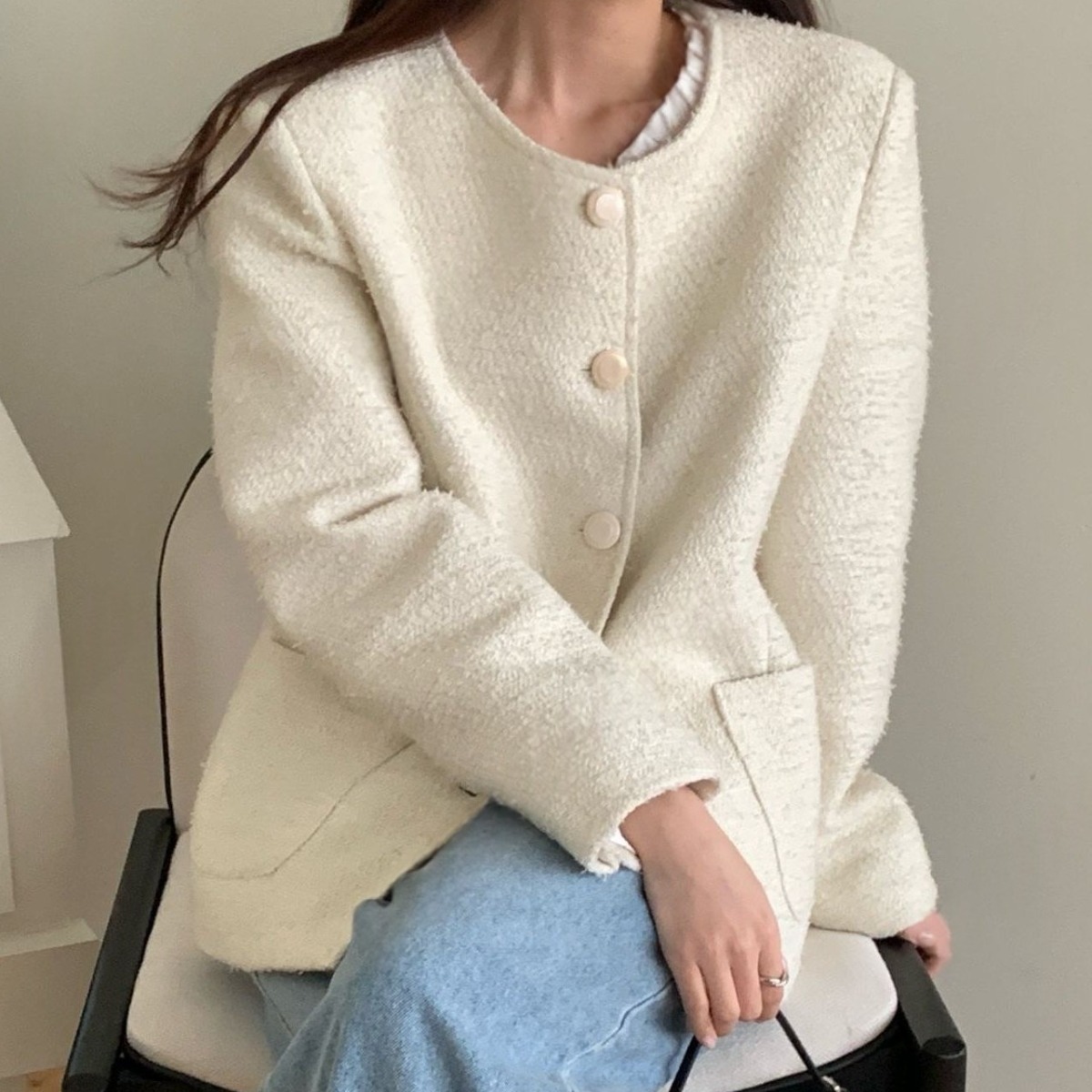 joy, begins - 멜먼트 이든 하프 트위드 노카라 자켓(2 color) 96,900원