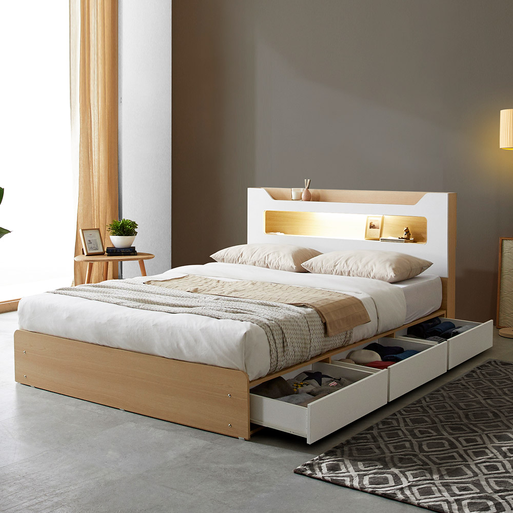 파로마 로건 LED 통서랍 수납침대 + 본넬 라텍폼스 20T 매트리스 방문설치, 화이트 + 오크 620,000원