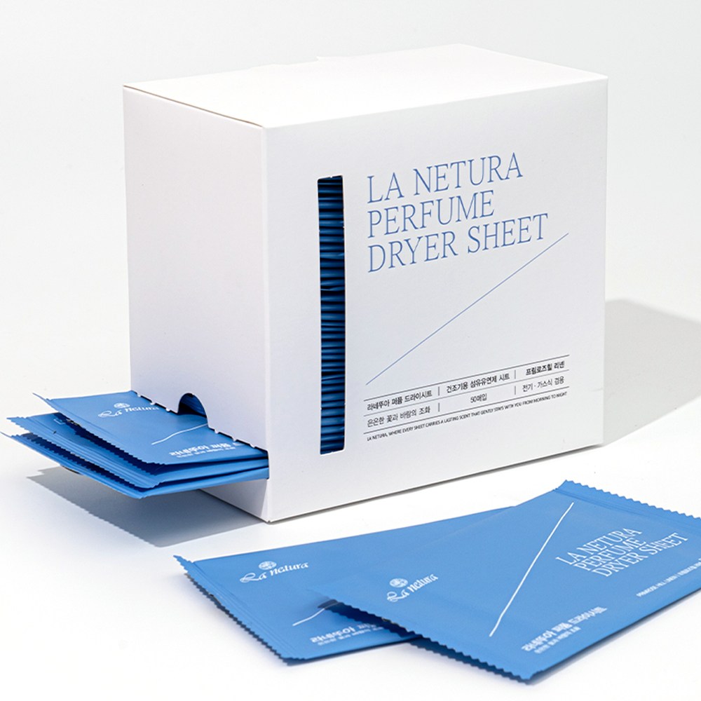 [1+1] 네츄럴오가닉 퍼퓸샤워 드라이시트 메쉬홀 먼지흡착 고농축 섬유유연제 건조기시트 포장 50매 2박스, 2개, 50개입 14,900원