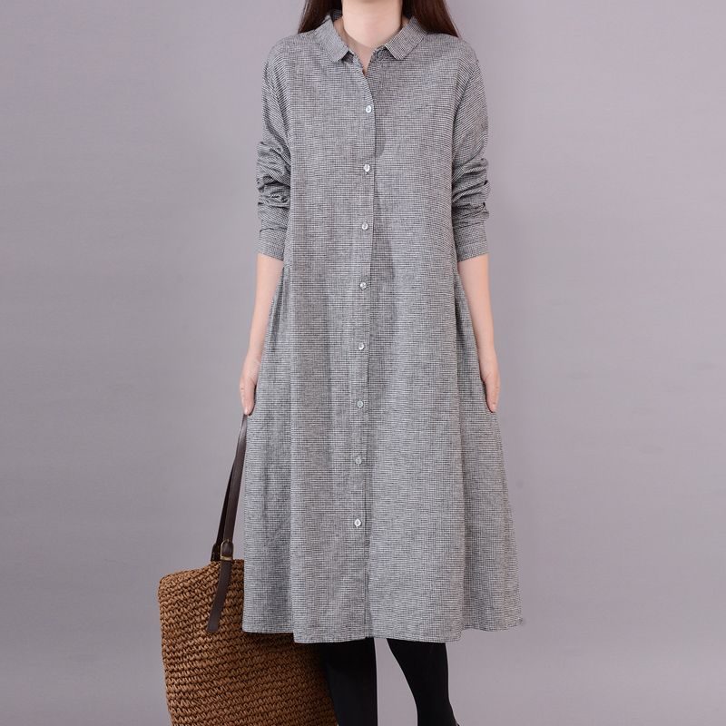 POMTOR 여성 긴팔 루즈핏 빅사이즈 체크 면마 셔츠 미디 원피스 27,600원