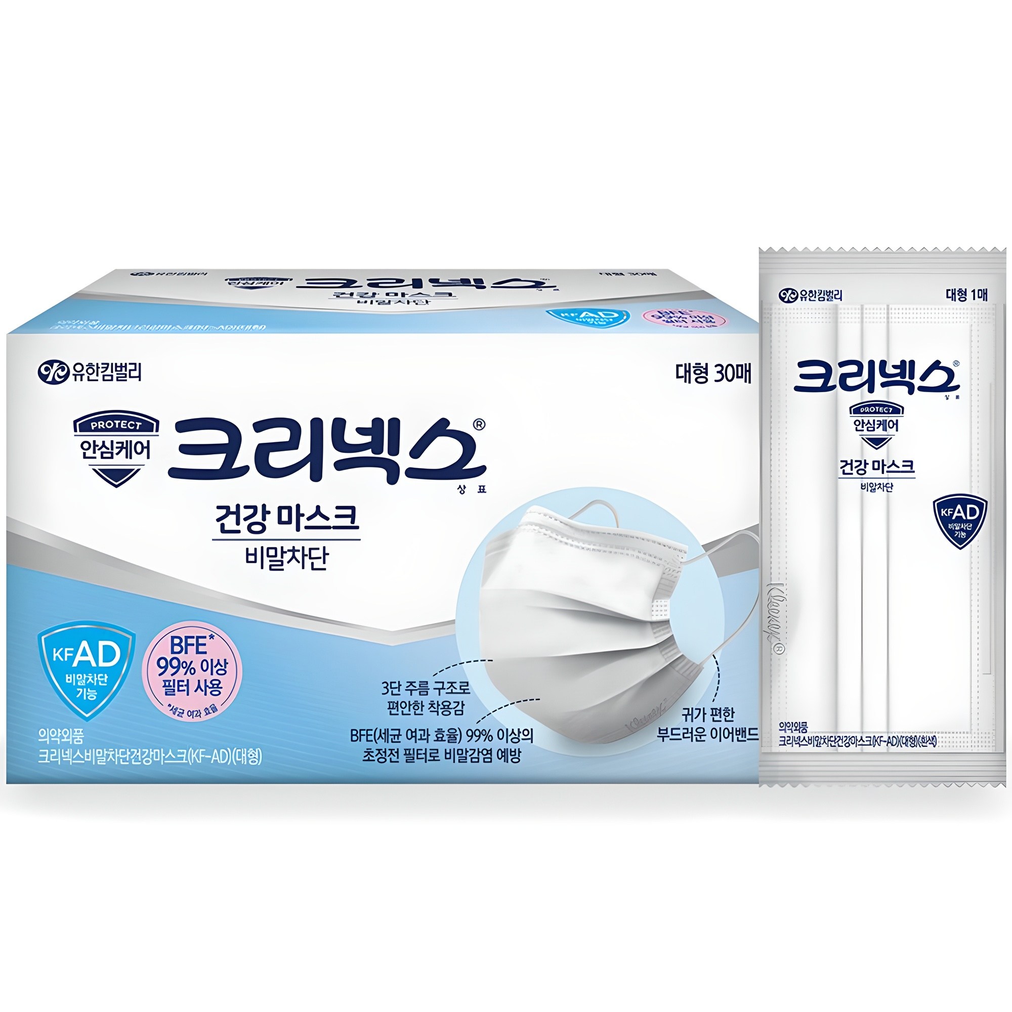 크리넥스 비말차단 건강 마스크 대형 KFAD, 30개입, 1개, 화이트 12,900원