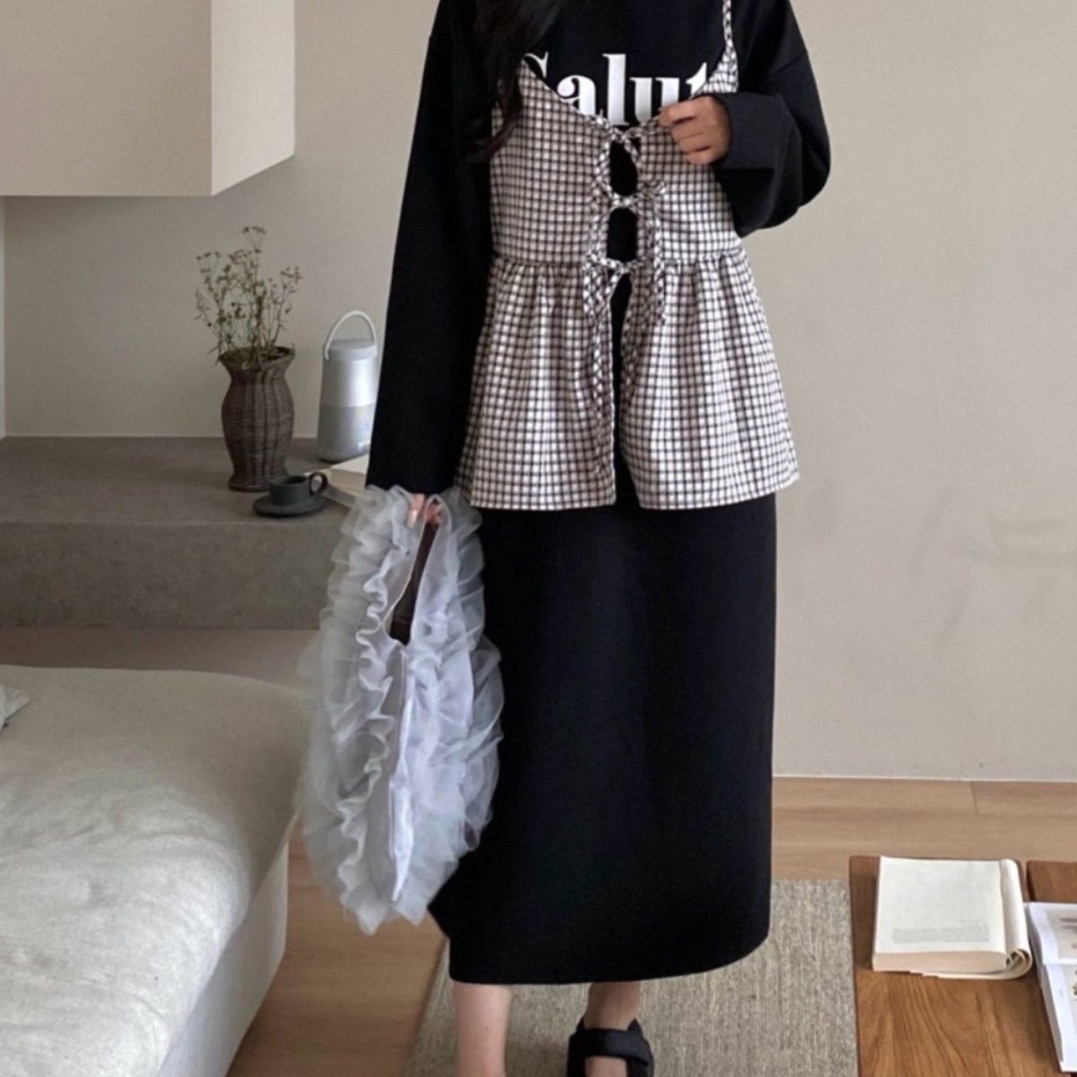 여성용 레이어드 체크 뷔스티에 롱원피스 세트 긴팔 오버핏 57,400원