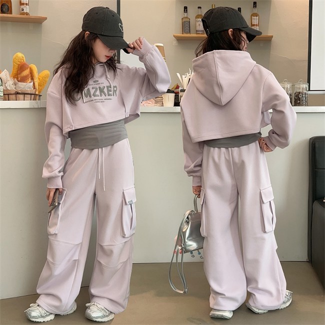 비비키드 여아 봄 가을 신상 초중생 상하복 세트 주니어 크롭 후드 긴팔티 상의+하의 민소매 쓰리피스 세트 초등생 주머니 긴바지 세트 (77179) 41,800원