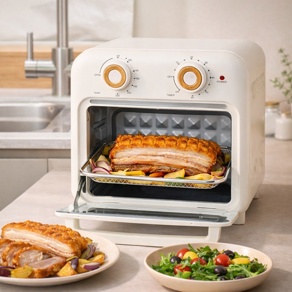 #슈퍼특가 독일브랜드 감성 에어프라이어 오븐 10L 다이얼식 타이머 글래스도어 램프 자동전원차단 전기오븐 베이킹 토스트기 에어프라이기 레트로 인테리어, 아이보리, 우드 다이얼 에어프라이어 오븐 10L 74,800원