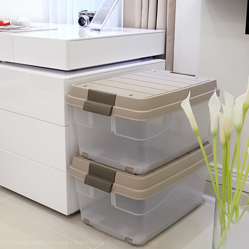 리빙박스 적층형 바퀴달린 다용도 수납 브라운 대용량 45L 적층형수납박스 의류보관 장남감수납함 투명리빙박스 대형리빙박스 29,900원