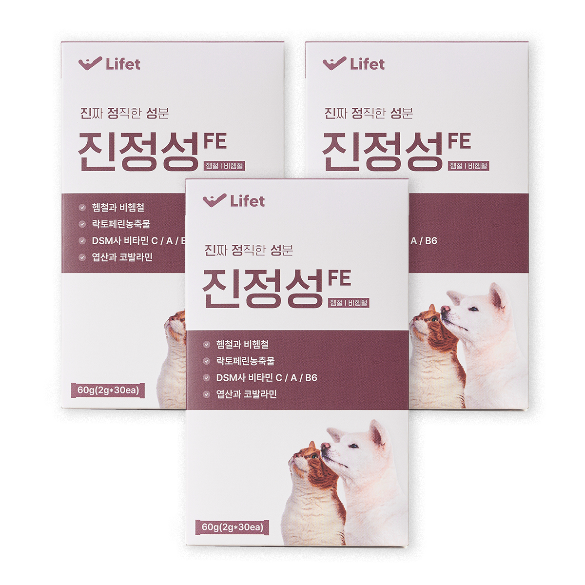 진정성 FE 빈혈 영양제 강아지 고양이 철분 락토페린 신부전 임신 출산, 3개, 혈액순환, 30회분 75,000원