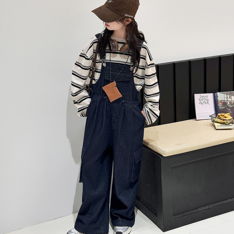 ZPEIZ 여아 주니어 초등여아 스트라이프 티셔츠 루즈핏 데님 멜빵바지 세트 점프수트  봄 가을 캐주얼 투피스 세트 63,690원