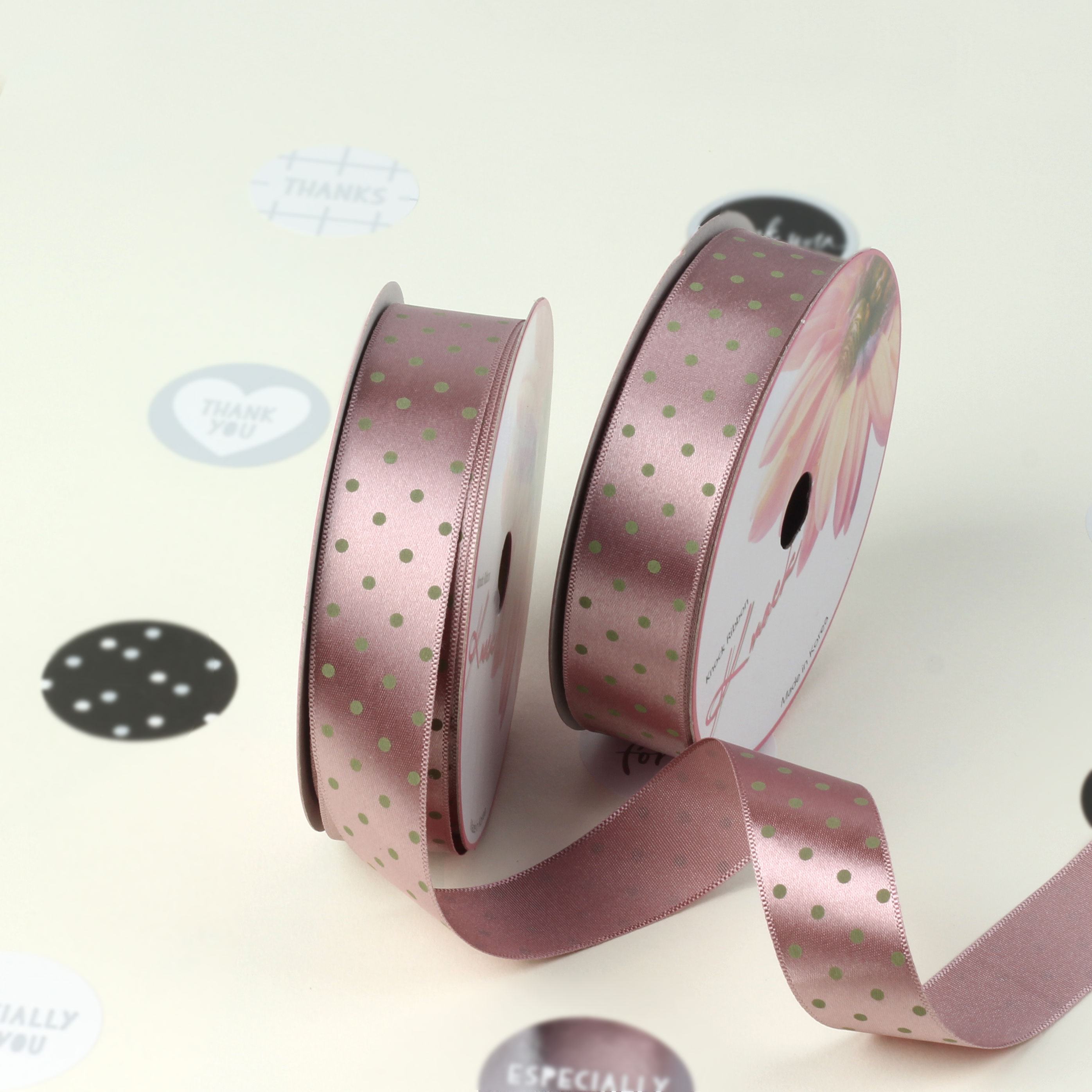 노크원 땡땡이 공단리본 25mm, 15 팥색 + 카키, 2개, 15m 9,000원