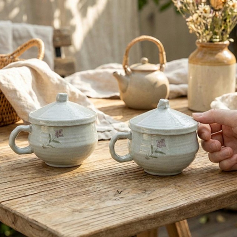 이천도자기 꽃잎 부부 뚜껑 커피잔 세트 선물용 찻잔 다기 다도구, 1개, 화이트 57,060원