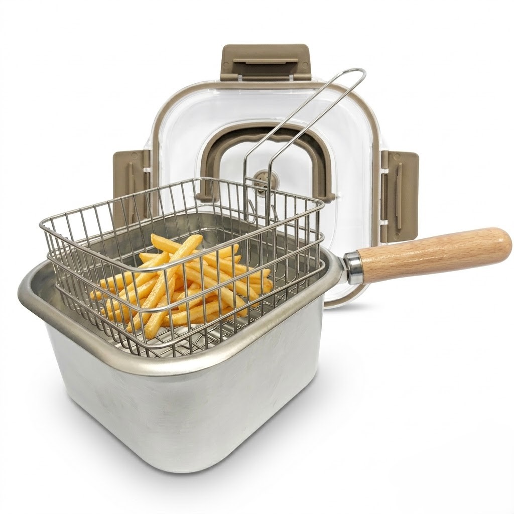 리앤트 다용도 튀김냄비 6 in 1 스테인레스 가정용 튀김기 스텐 밀폐용기 편수 냄비세트 사각 튀김냄비 튀김바스켓 집게 포함 1인용 냄비 캠핌용 냄비, 1개, 베이지, 20.5cm 17,400원