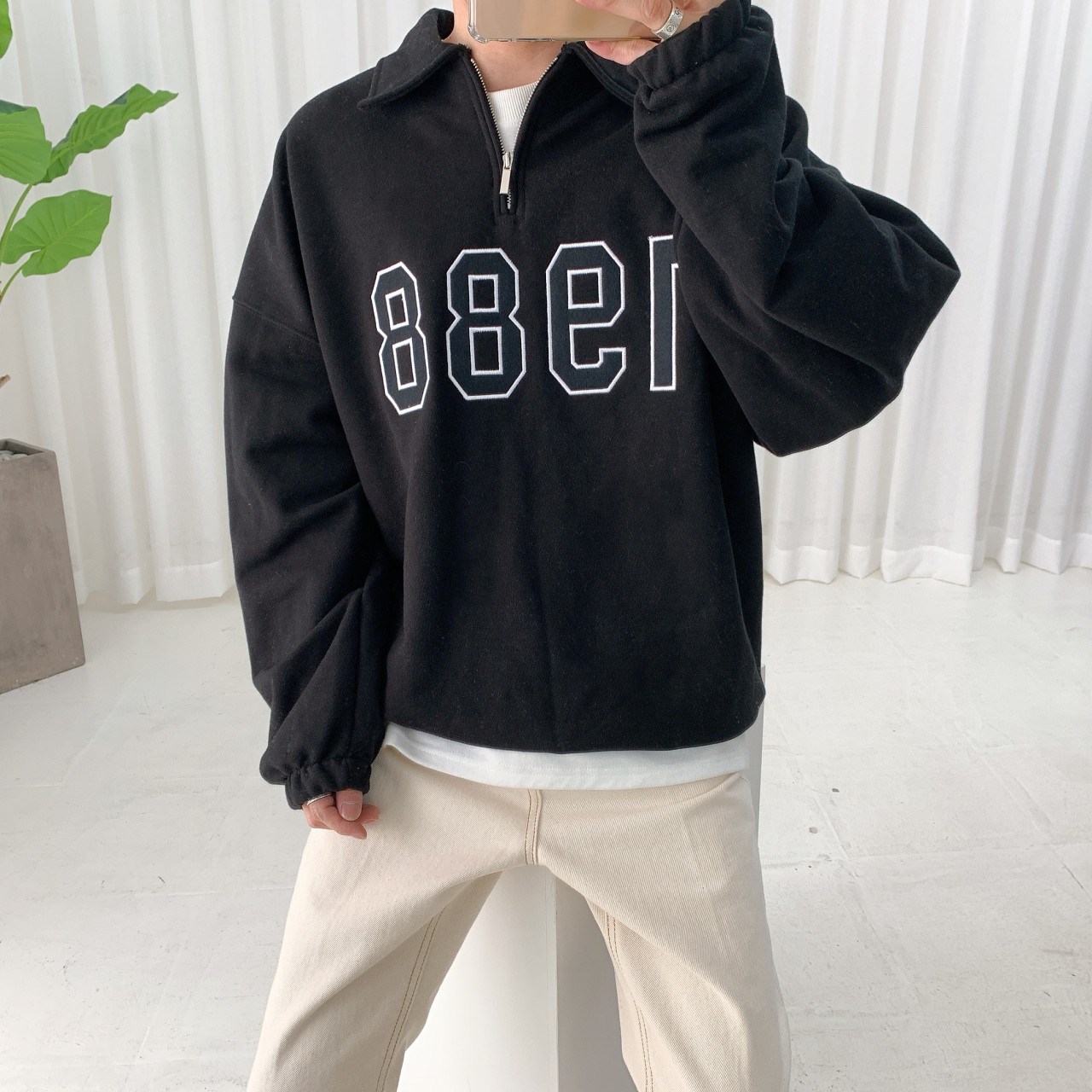 스트릿제이 반집업 카라넥 레터링 자수 오버핏 긴팔 상의 스트링 지퍼 맨투맨 46,900원