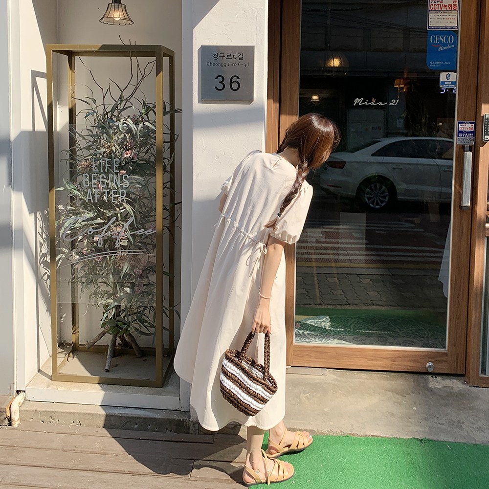 큐니티 여성용 썸머 바스락 퍼프 소매 허리 스트링 플레어 롱 원피스 (4color) 27,900원