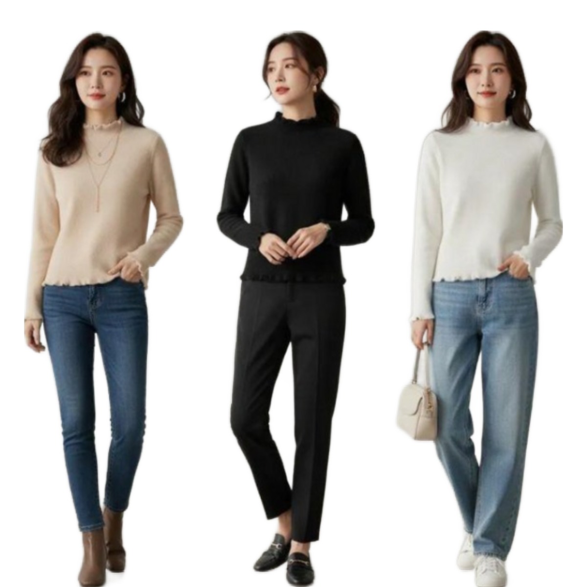 밀루 여성 프릴 기모 목폴라 니트 3종 세트 33,900원