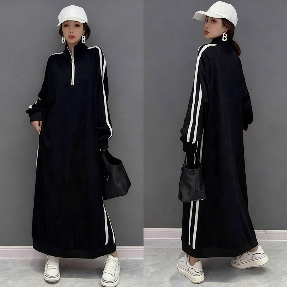 오스틱니 [150kg까지 날씬해보이는] 원피스 여성 가을 스트라이프 반집업 칼라 제인드 맨투맨 오버핏 이너 긴팔 캐주얼 패션 데일리 클래식배색 빅사이즈 오버사이즈 롱 원피스 18,880원