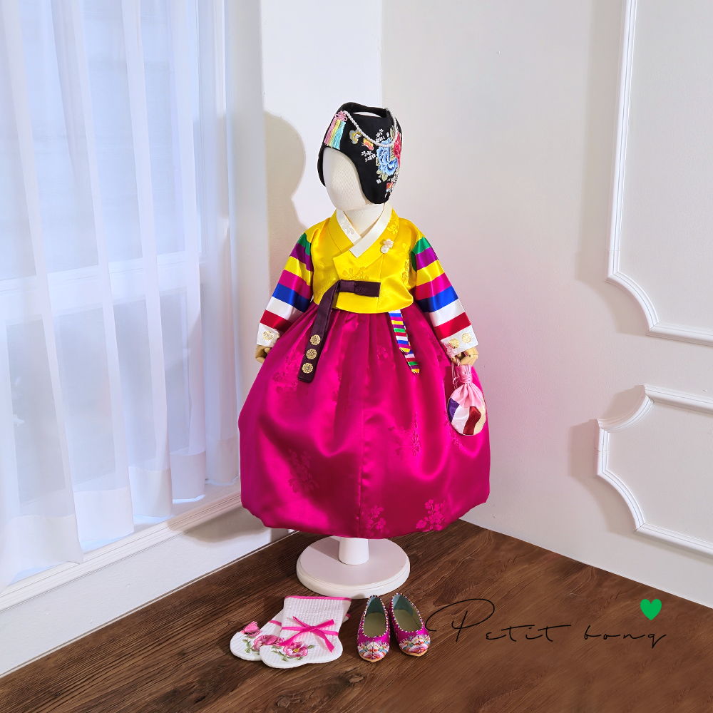 백일 돌 여아한복 청아색동 양단 노랑저고리 꽃분홍치마 공주한복(한복단품) 68,000원