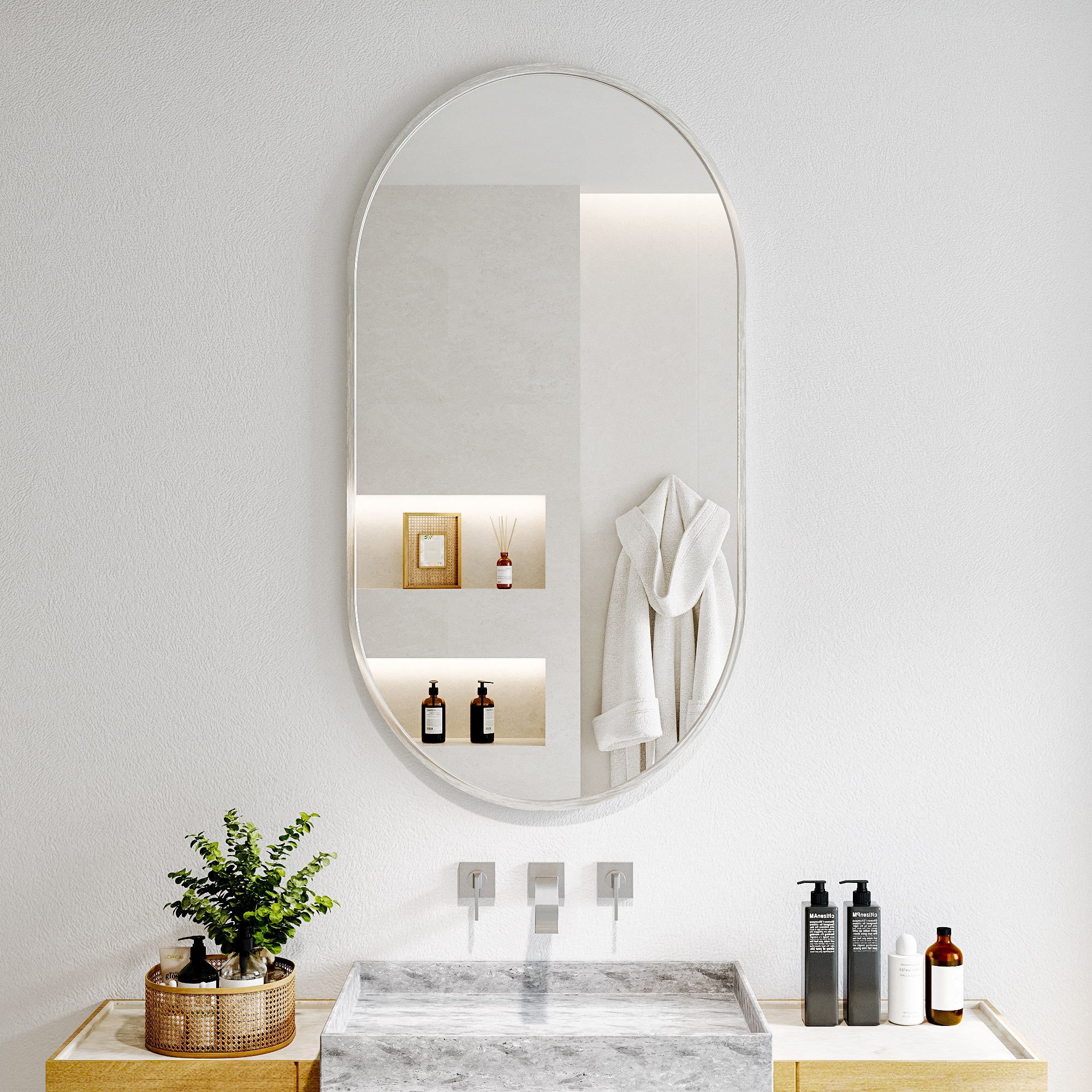 뷰티피크 타원형 벽거울 화장대거울 욕실거울 강화안전유리, 실버43cm 59,900원