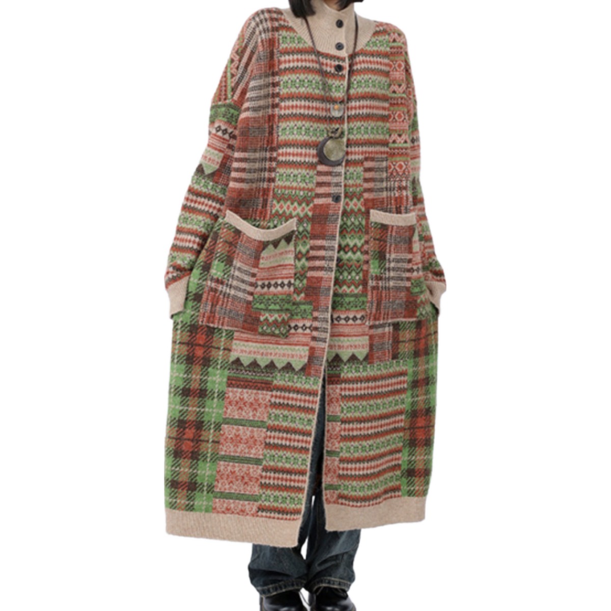 퀸앤조이 미녀77 로단테 하이넥 빈티지패턴 니트 롱코트***판매자 SSK무역*** 102,800원