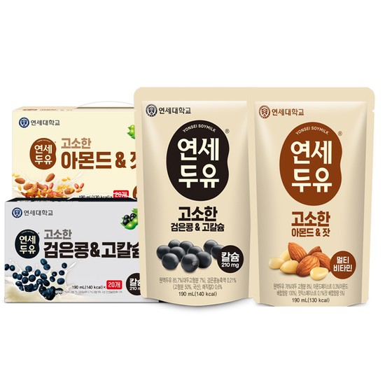 연세두유 파우치 고소한 아몬드 잣 두유 20팩+검은콩 고칼슘 두유 20팩 (총40팩) 24,800원
