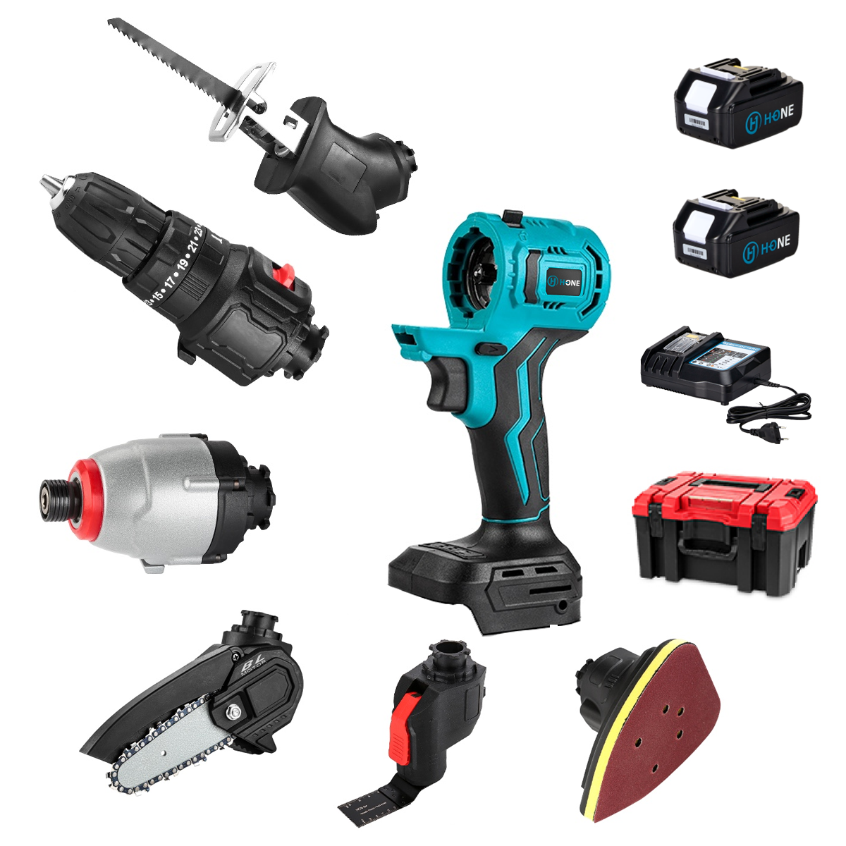 에이치원 무선 멀티드릴 공구 해머 직소 임팩 멀티 공구 6종 + 4A 배터리 2개 + 고속충전기 세트 (임펙+해머드릴+멀티커터+체인톱+컷쏘+샌딩), 1세트 228,000원