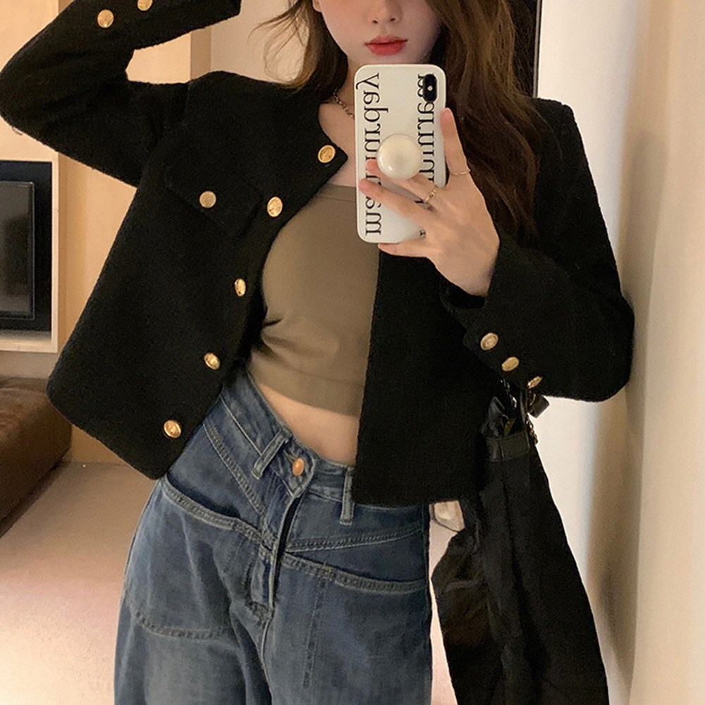 지디오 여성 숏 트위드 자켓 골드 버튼 더블 포켓 긴팔 라운드넥 가을 겨울 간절기 여자 하객룩 19,900원