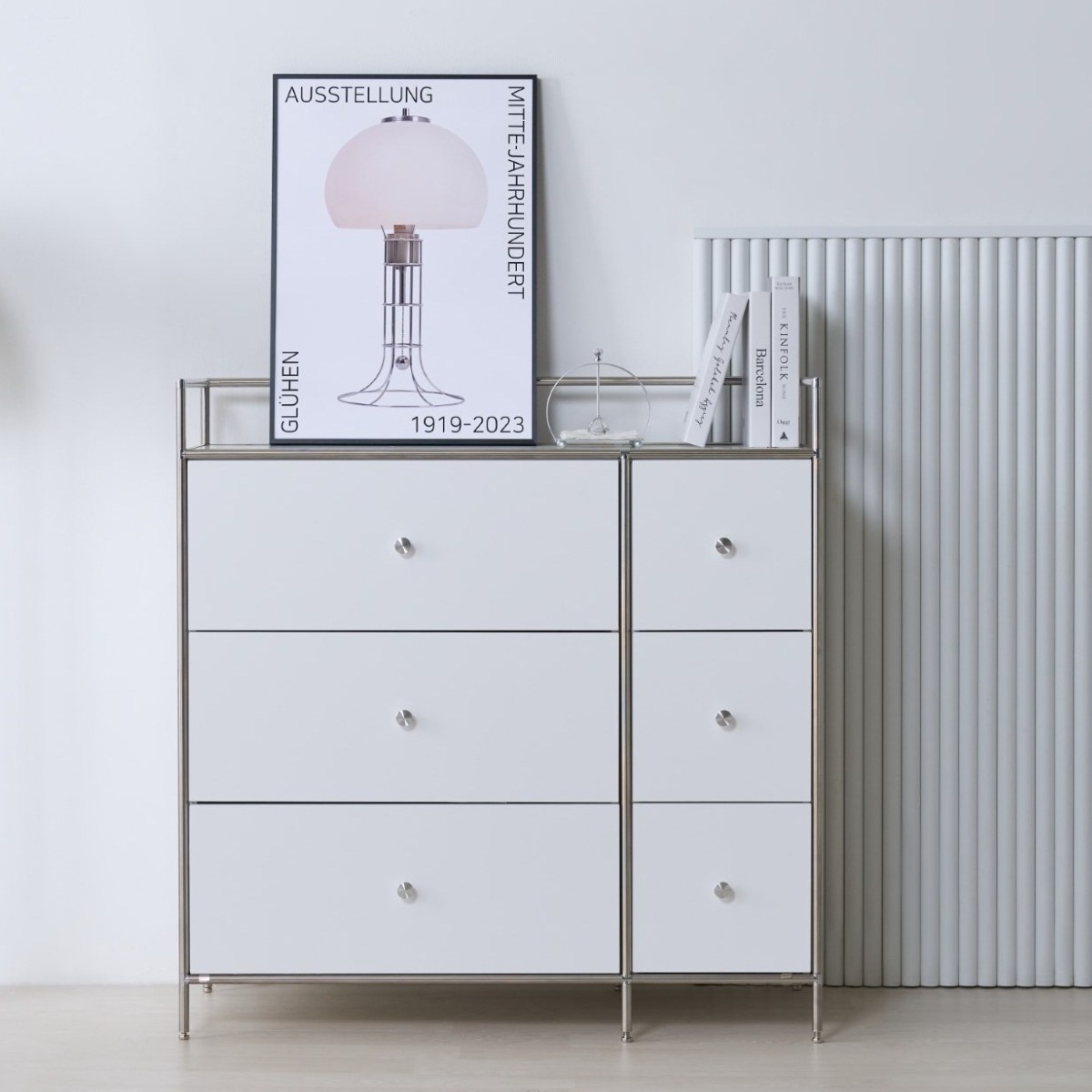 완제품 벨리 960 와이드 3단 6칸 서랍장 미드센츄리 수납장 드레스룸 거실 안방 침실 옷 모듈 스텐 선반, 3단, 화이트 370,000원