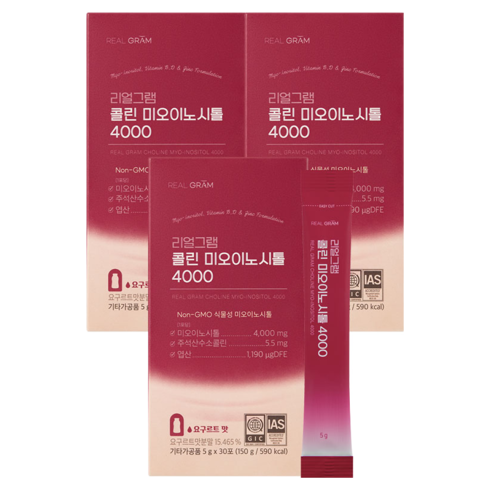 리얼그램 콜린 미오이노시톨 4000 엽산 아연 비타민 요구르트맛, 3박스, 30회분, 현재가 64,370원