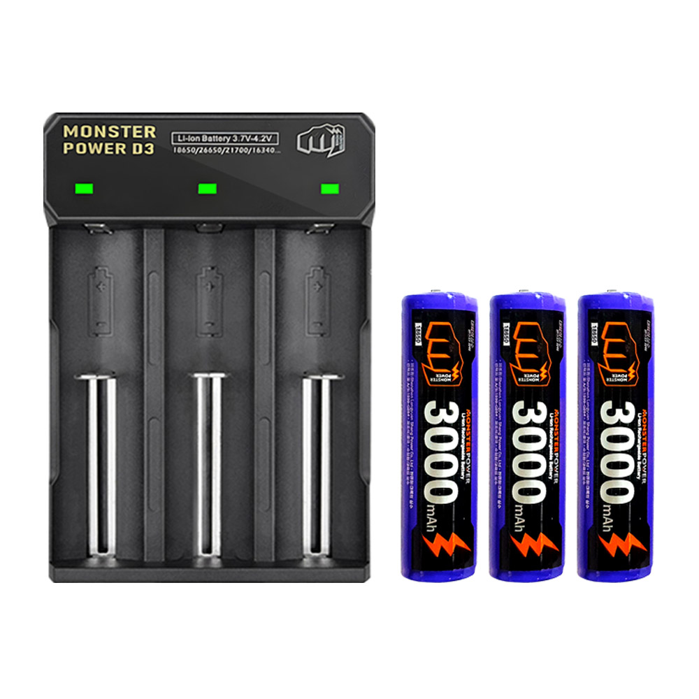 몬스터파워 3구 배터리 충전기 18650 배터리 3개 세트 리튬이온 충전지 대륙의실수 21,400원