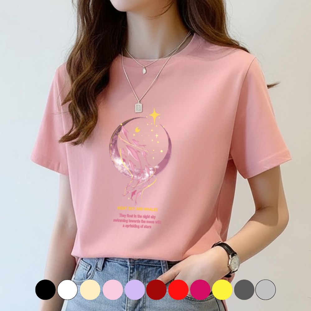 다솜이룸 여성 라운드넥 여름 시원한 반팔티 커플티 캐릭터 이너 홈웨어 핑크돌고래 프린팅 면 티셔츠 17,900원