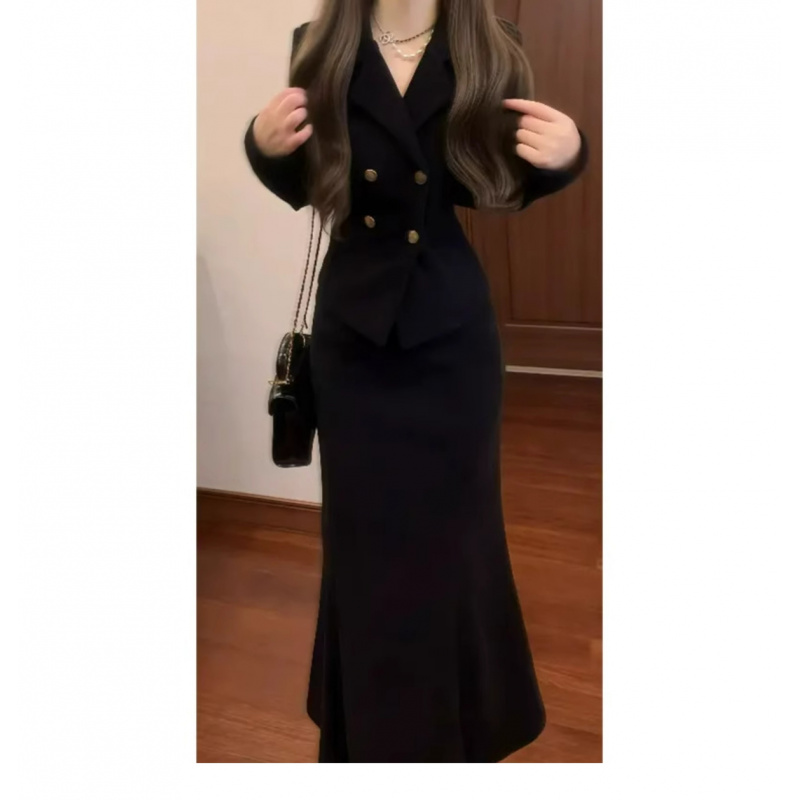 세련된 블랙 더블 버튼 자켓 & 롱 스커트 정장 세트 여성 오피스룩 djp 21,980원