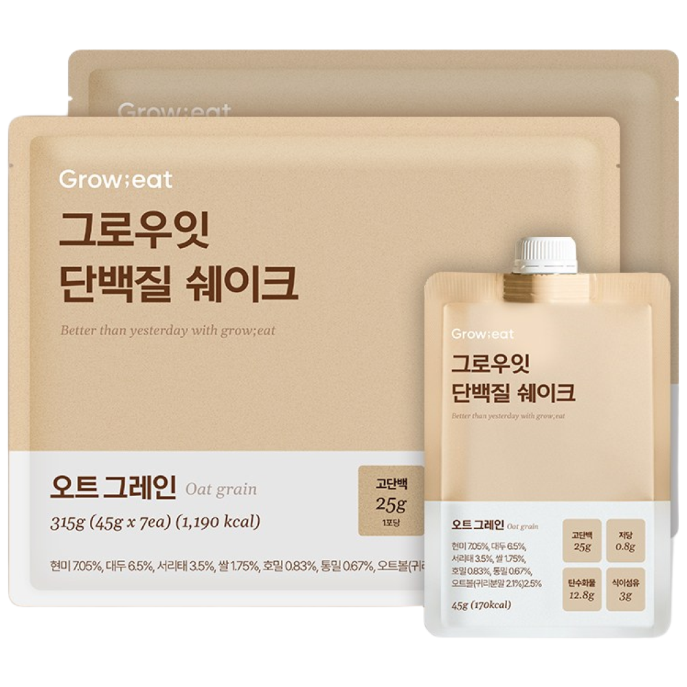 그로우잇 단백질 쉐이크 파우치 저당 식사대용 오트그레인 25g, 2팩(14개입) 52,000원