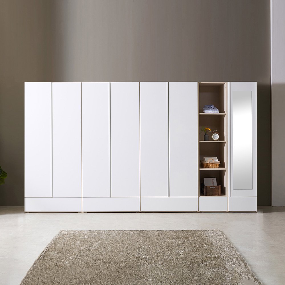 [슬림옷장] 파로마 하루C 거울 옷장 3600 세트 5통 (수납옷장+이불장+2단옷봉장+470오픈선반장+470거울반문옷장), 화이트 1,179,000원