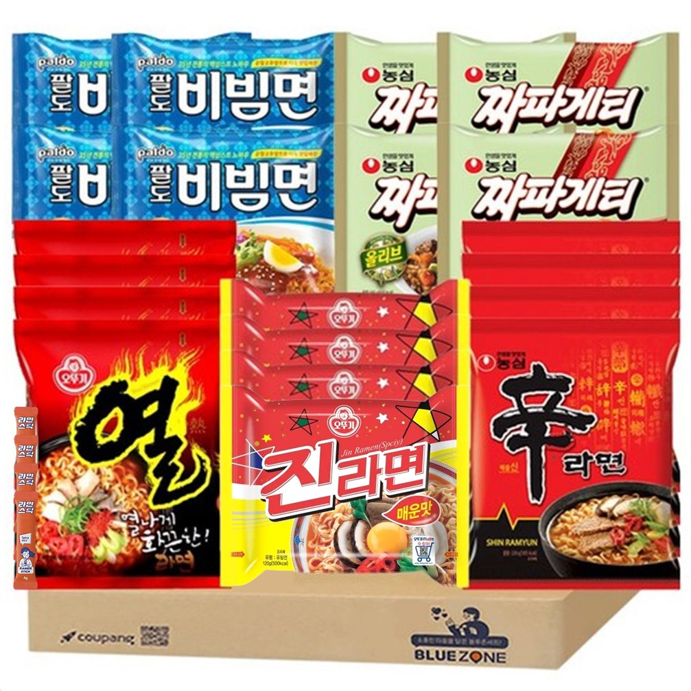 인기 봉지라면 C세트 신라면4 진라면매운맛4 짜파게티4 팔도비빔면4 열라면4 라면스틱4, 1세트 27,800원