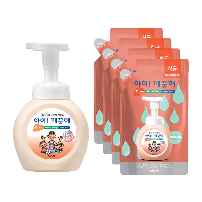 아이깨끗해 유아 손 세정제 복숭아향 본품 250ml 1개+ 리필 200ml x4 세트, 1개 11,400원