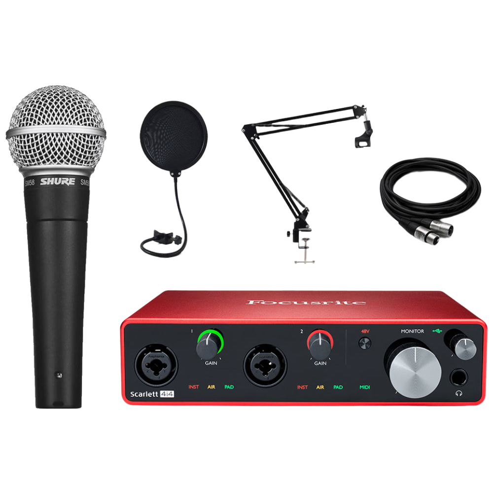 포커스라이트 스칼렛 4i4 슈어 SHURE SM58 K-LC 홈 레코딩 케이블 팝필터 관절 스탠드 패키지 546,000원