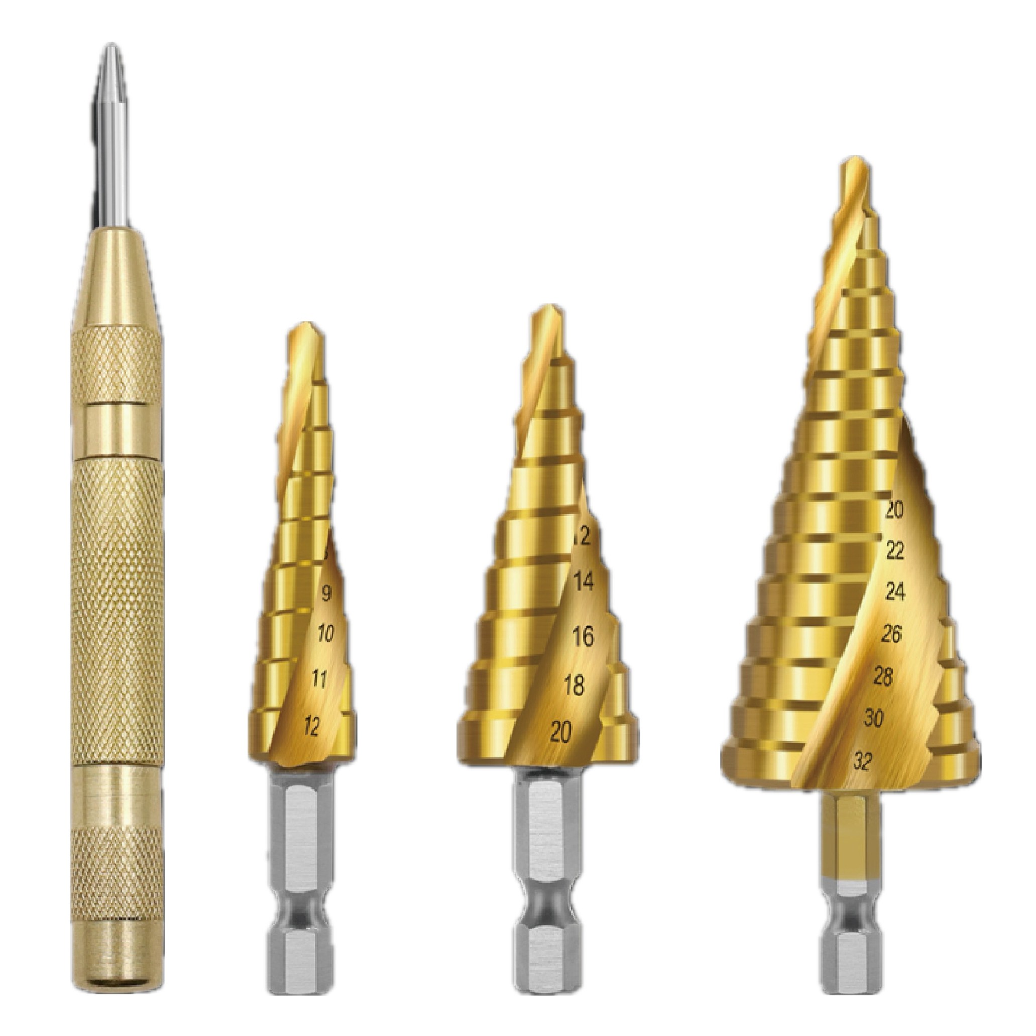 망고테크 스텝드릴 비트 3종세트+1센터펀치 나선형 트위스트 멀티 홀가공 홀커터 철판 목재 알루미늄 홀쏘 천공 드릴 날 기리 스탭드릴비트 육각쌩크 임팩드릴호환 22,900원